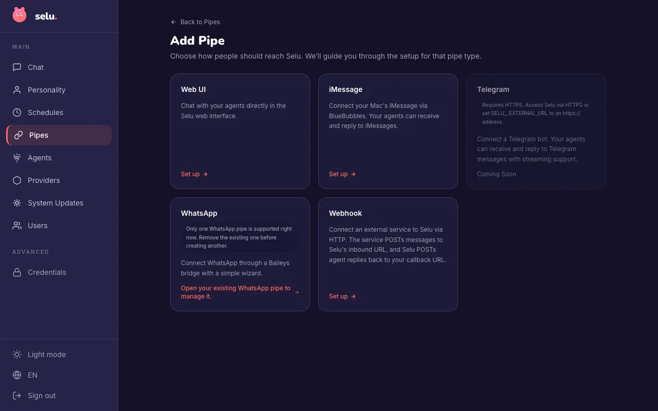 The Add Pipe page showing all available pipe types including Web UI, iMessage, Telegram, WhatsApp, and Webhook.