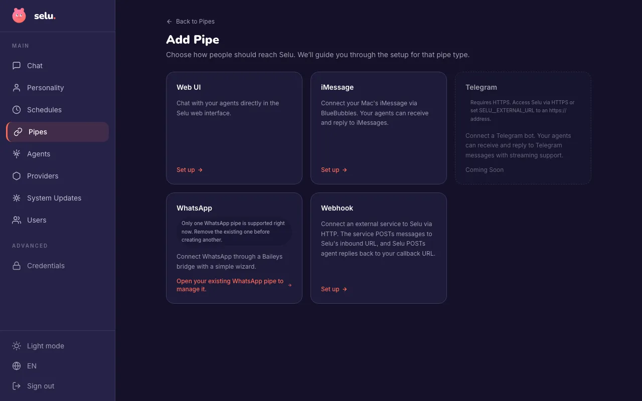 Add Pipe screen showing available pipe types