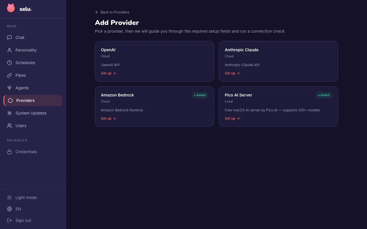 Add Provider screen showing available providers