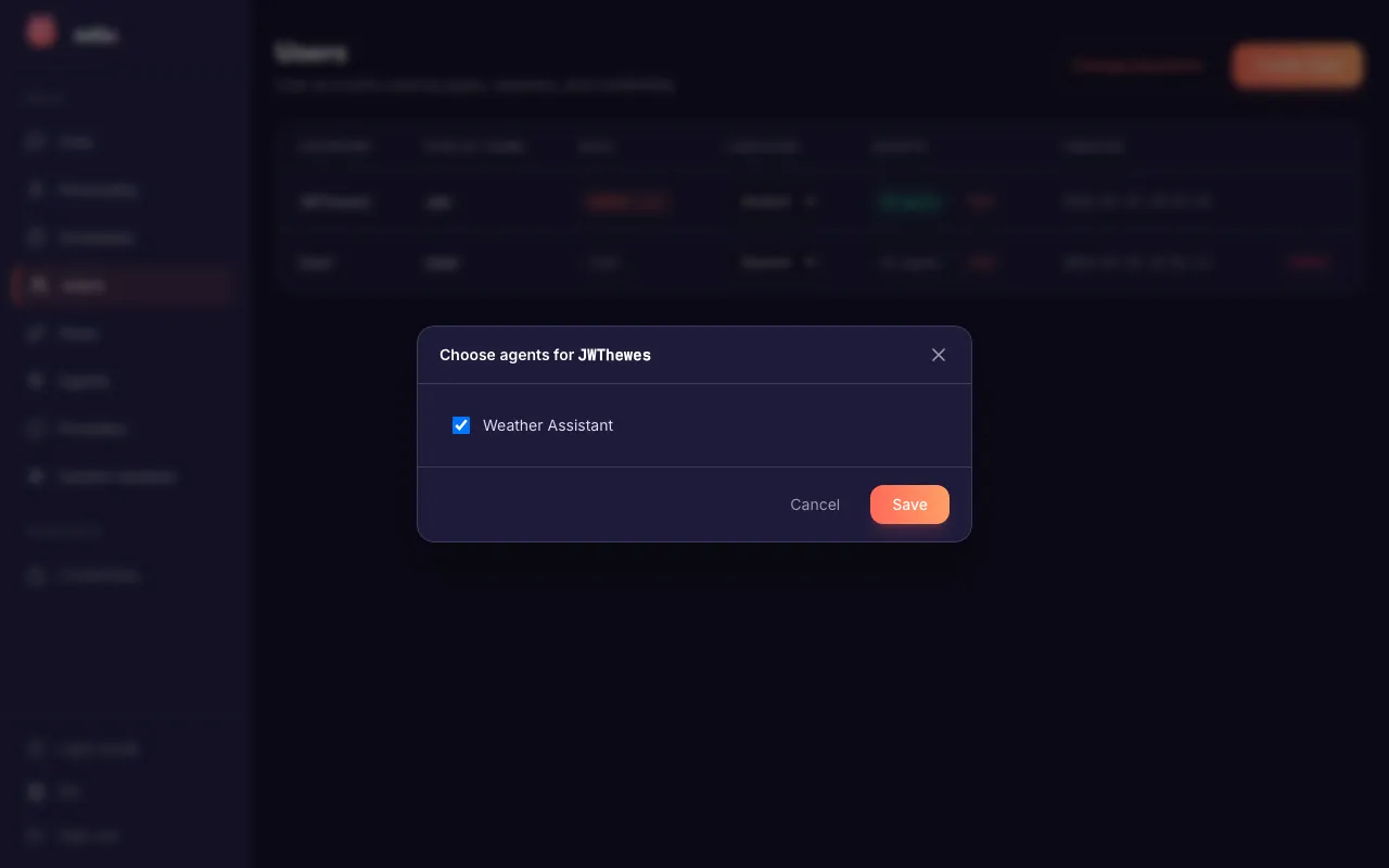 The agent access modal where administrators select which agents a user can access.