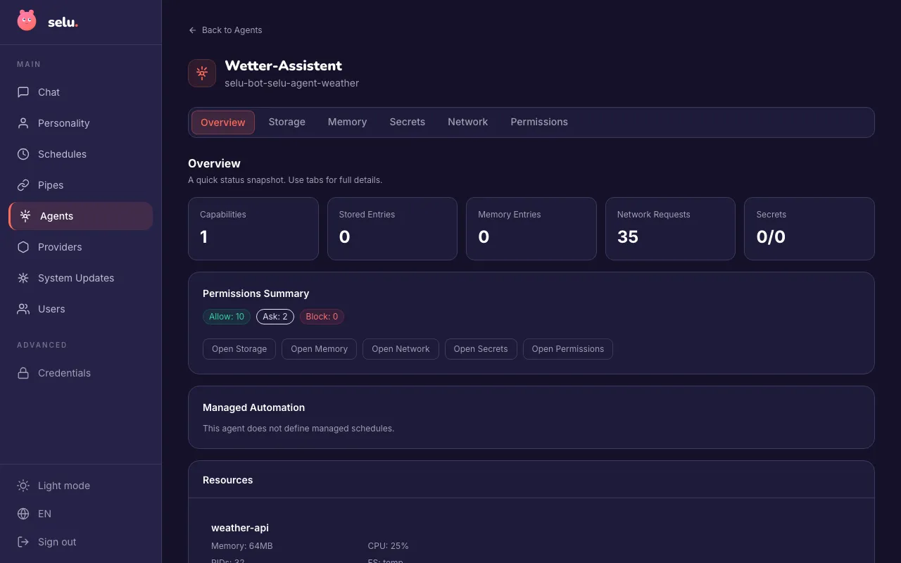 The agent detail page for the Weather Assistant, showing the Overview tab with capabilities, metrics, permissions summary, and managed automation.