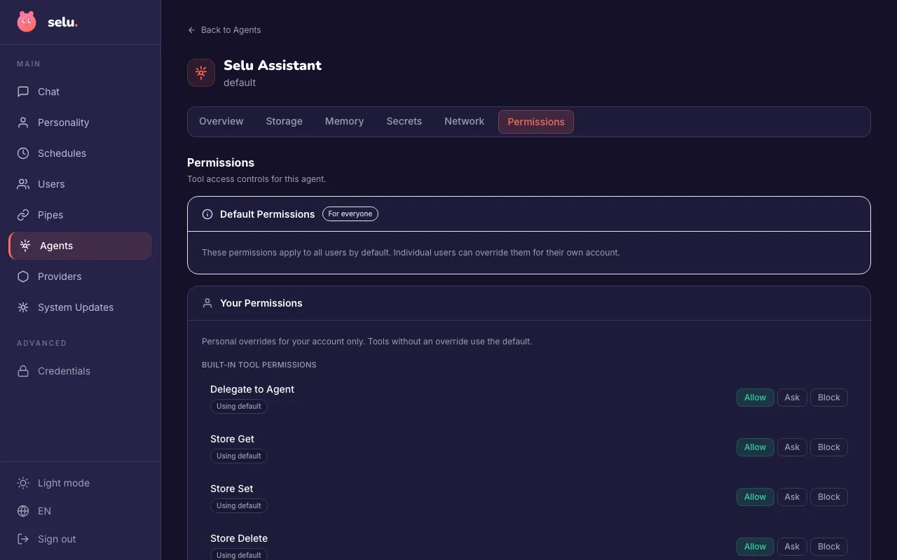 The Permissions tab on an agent detail page showing Allow, Ask, and Block options for each tool.
