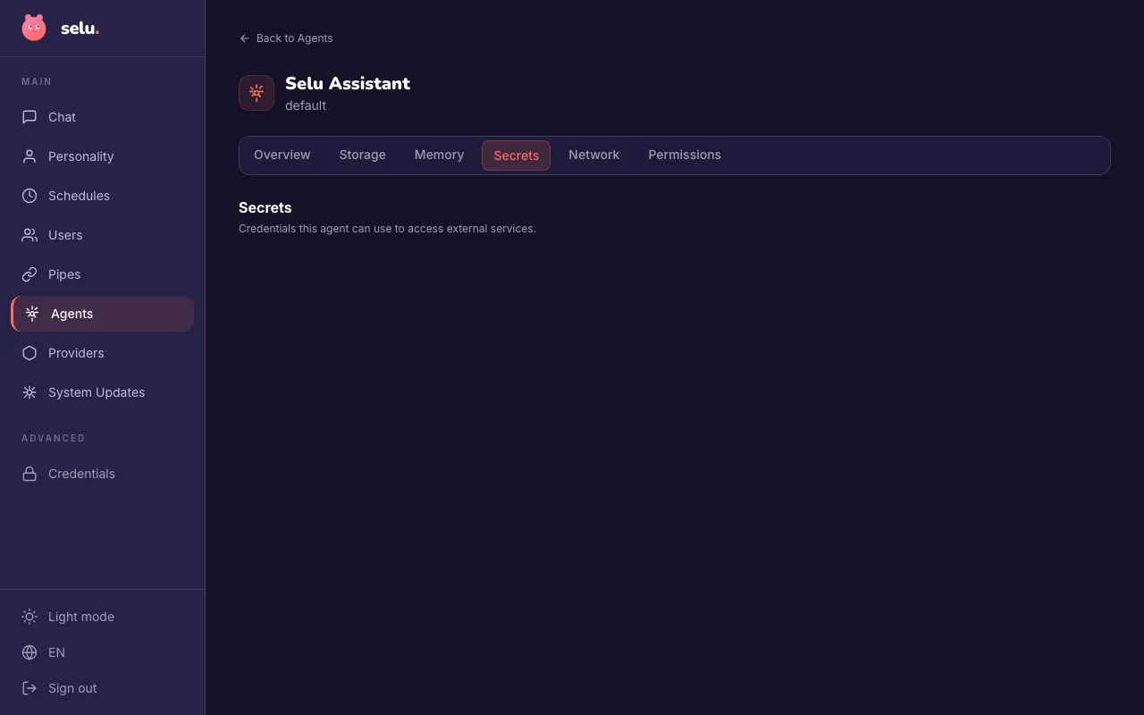 The Secrets tab on an agent detail page showing credential fields.