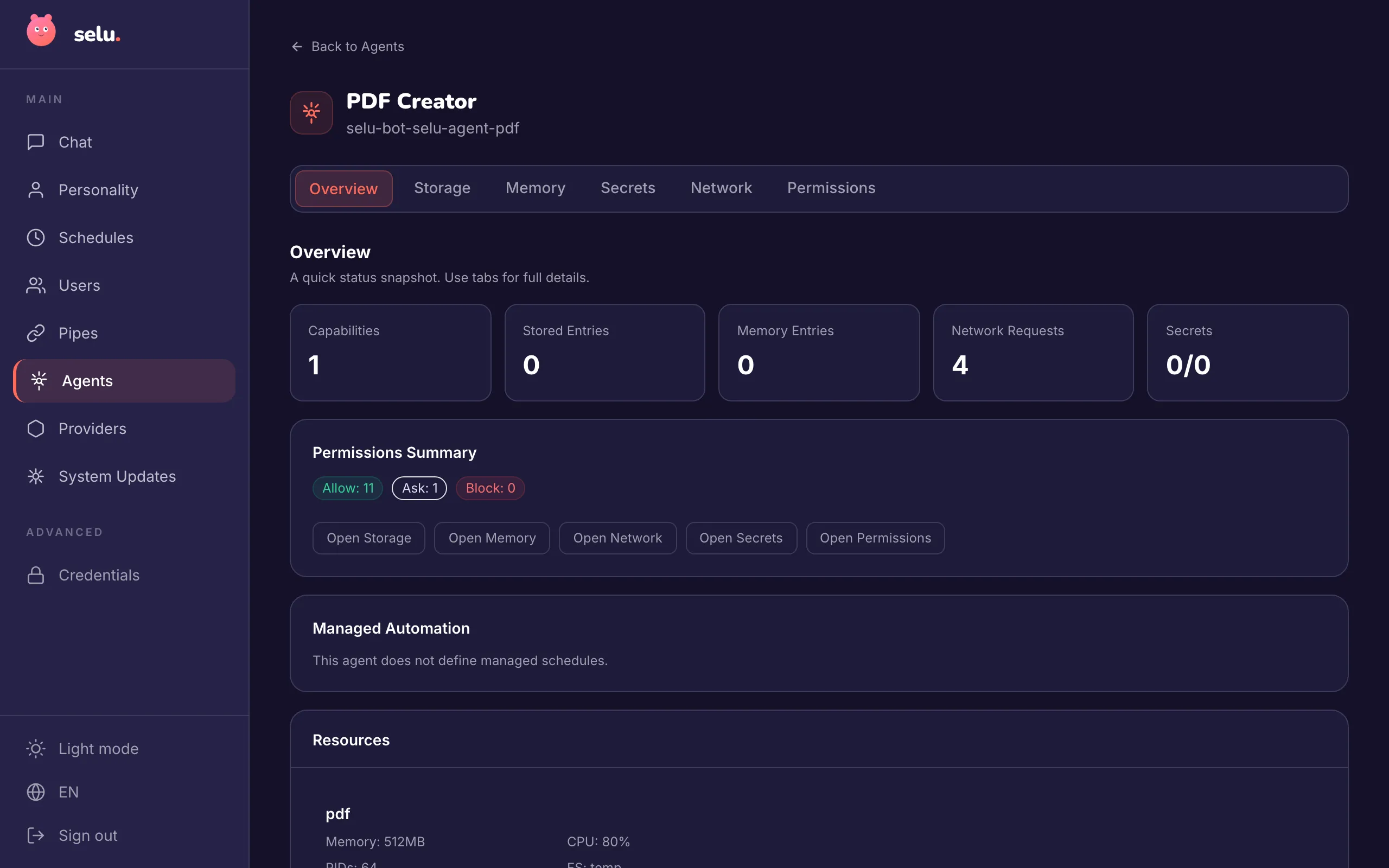 Agent detail page showing capabilities, permissions, and resource usage