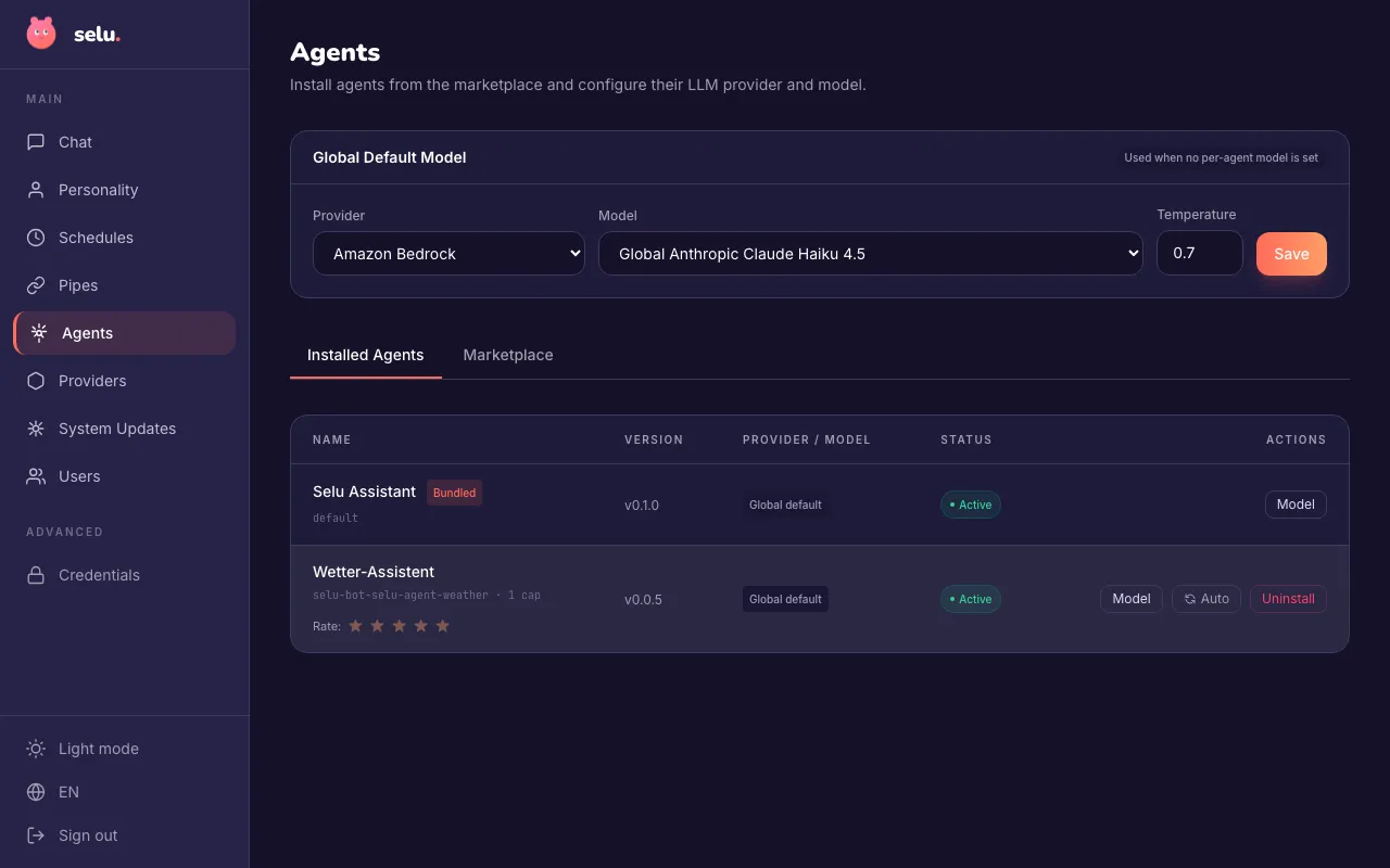 The Agents page showing installed agents with version, model, status, and action buttons.
