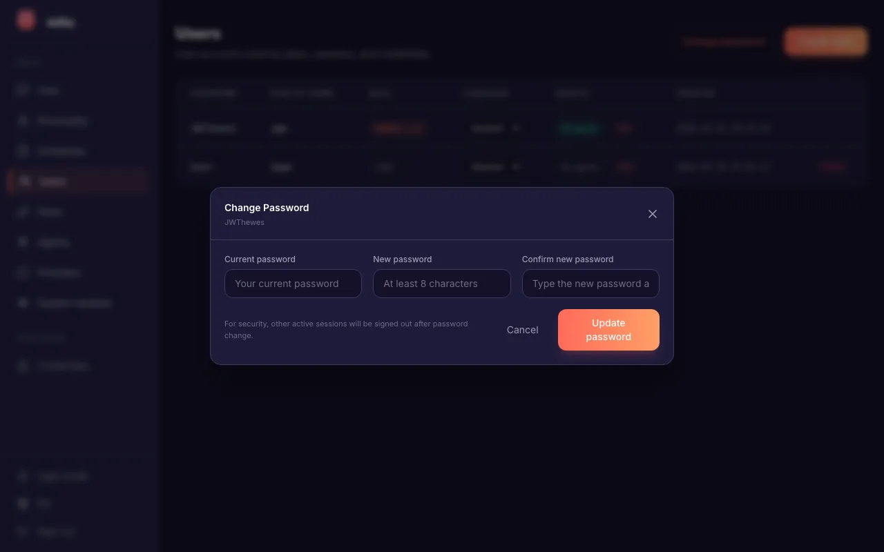 The Change Password dialog with fields for current, new, and confirmed password.