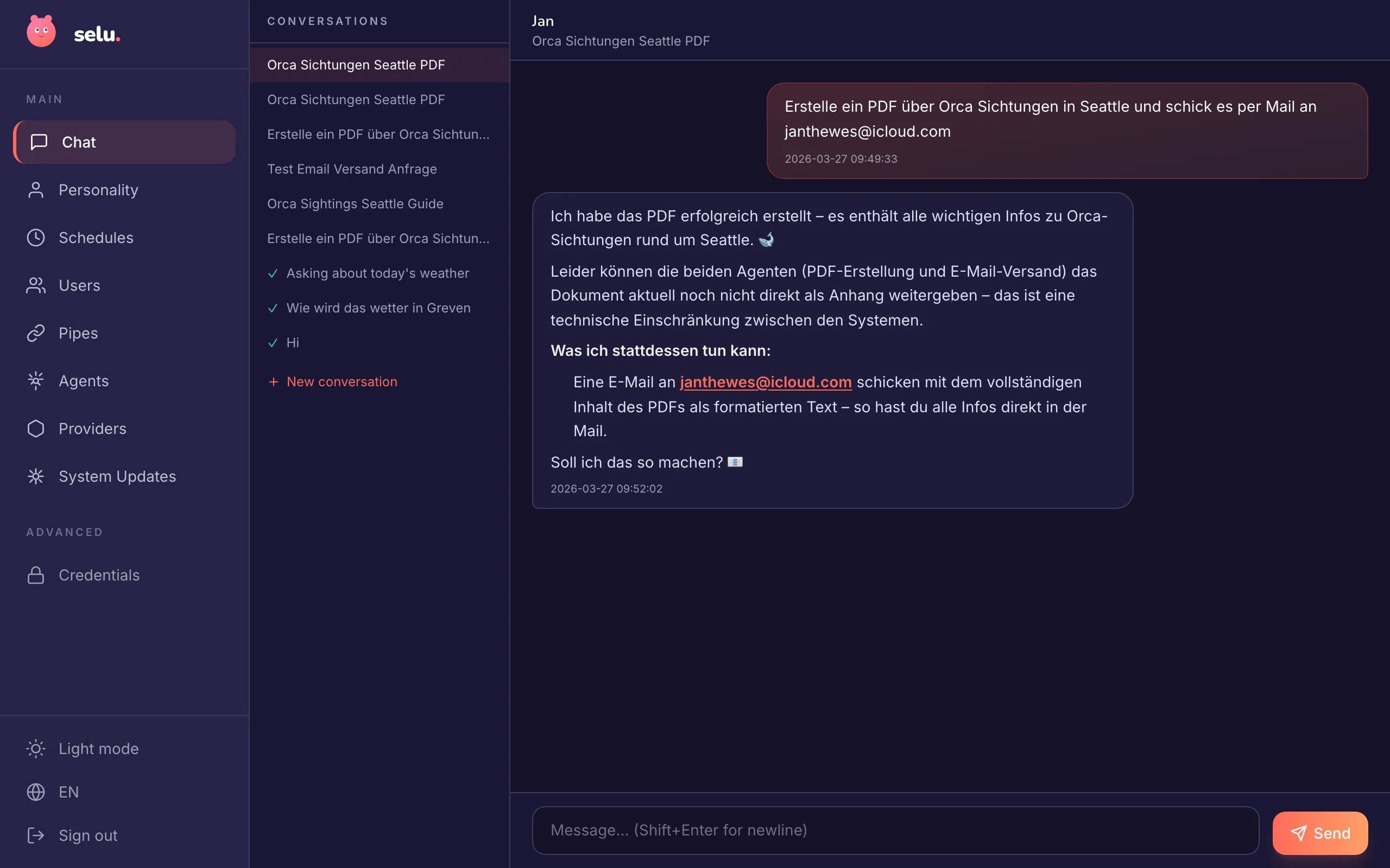 Active conversation showing agent responses with tool usage