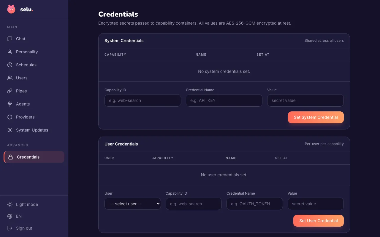 The Credentials page showing system and user credential management.