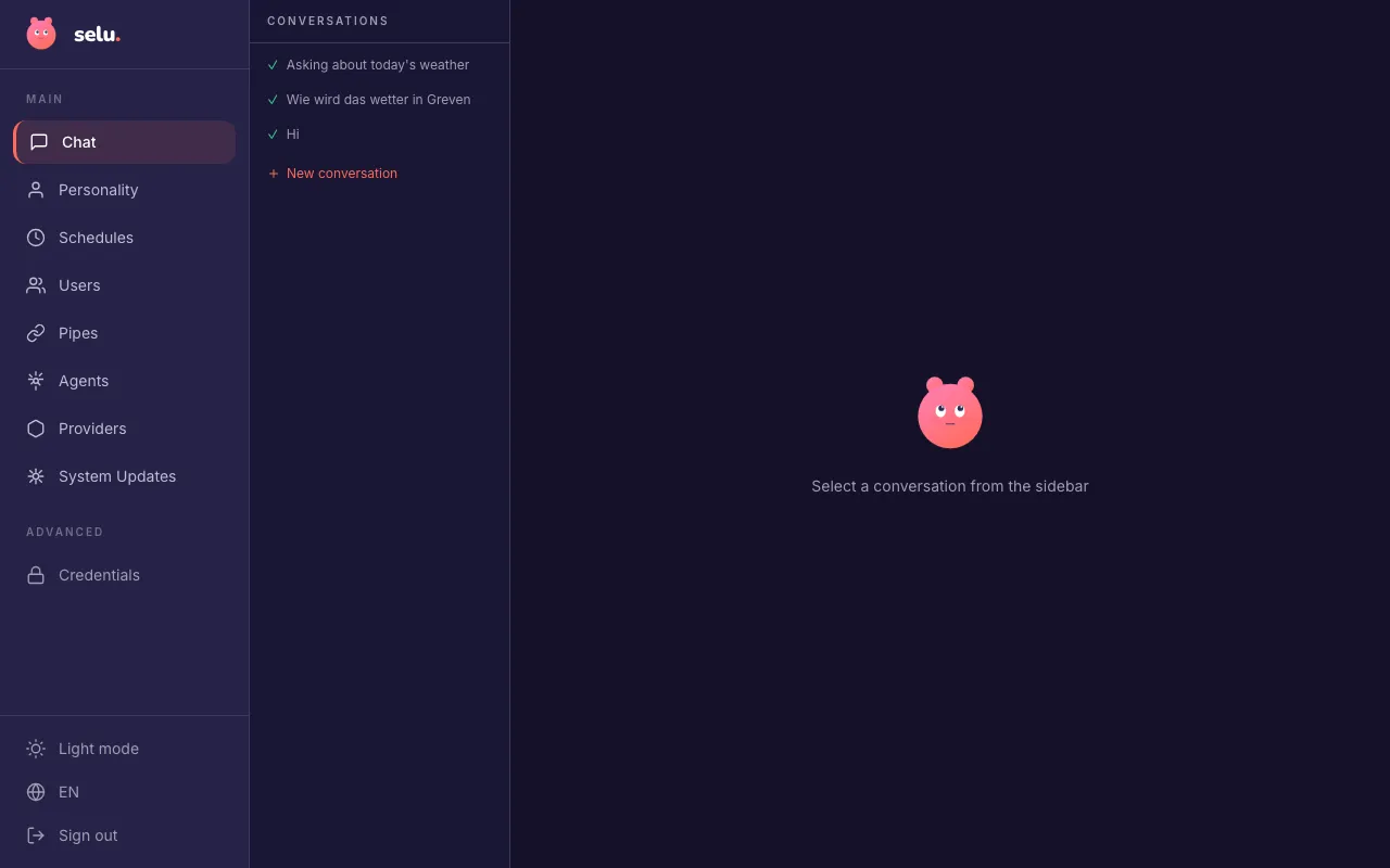 The Selu dashboard after login, showing the sidebar navigation and chat interface.