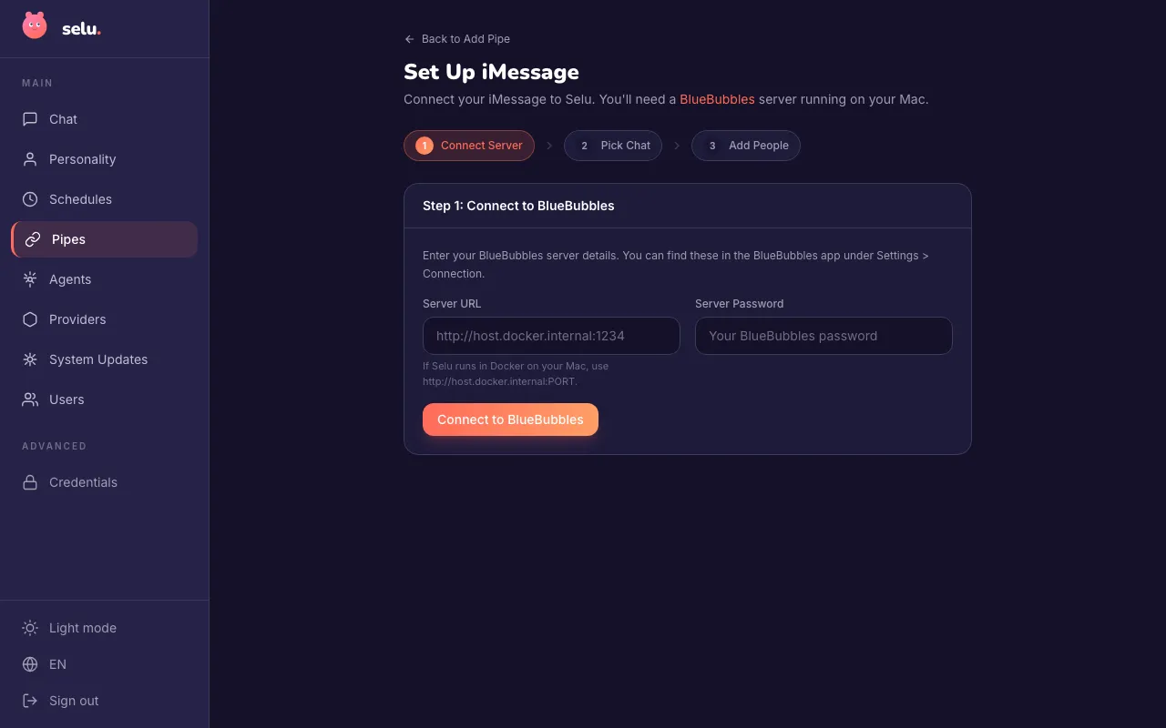 The iMessage pipe setup wizard showing the Connect Server step with Server URL and Password fields.