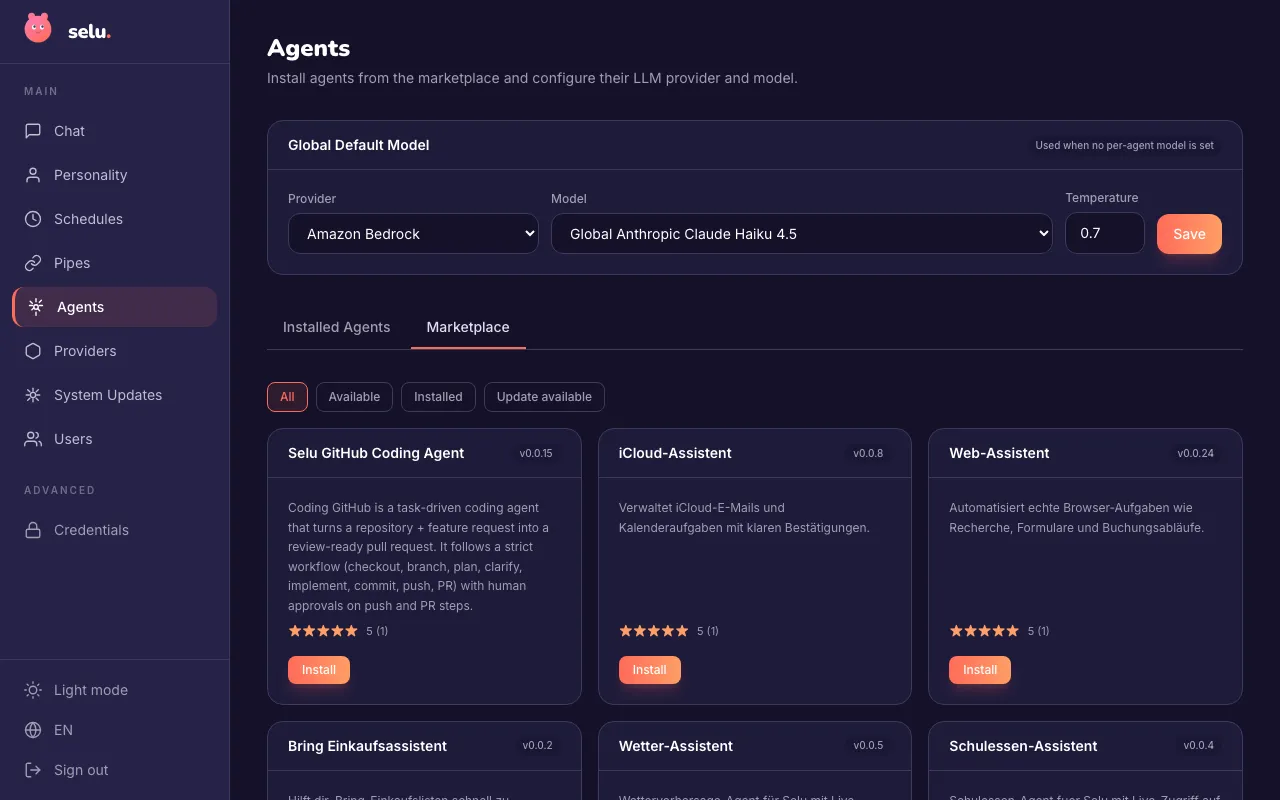 The Marketplace tab showing available agents with descriptions, ratings, and install buttons.