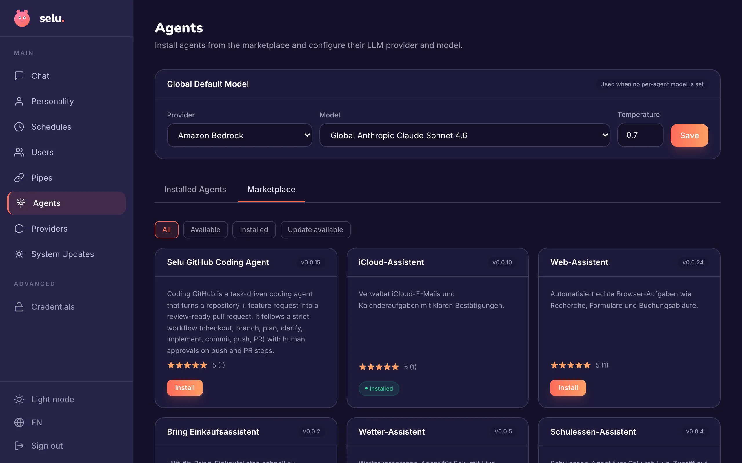 Selu marketplace showing available agents
