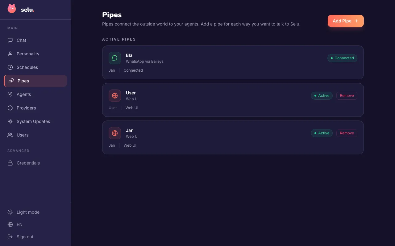The Pipes overview showing active pipes with their connection status.