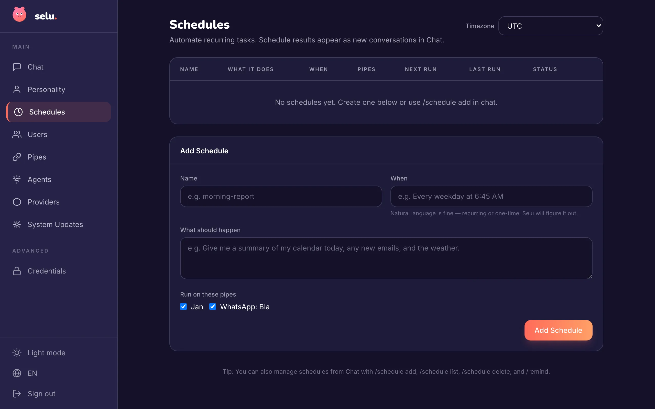 Schedules management page for creating recurring tasks and reminders