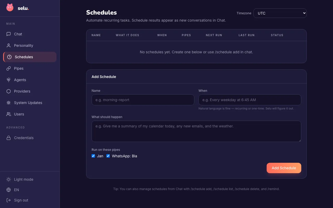 The Schedules page where you can create and manage recurring tasks and one-time reminders.