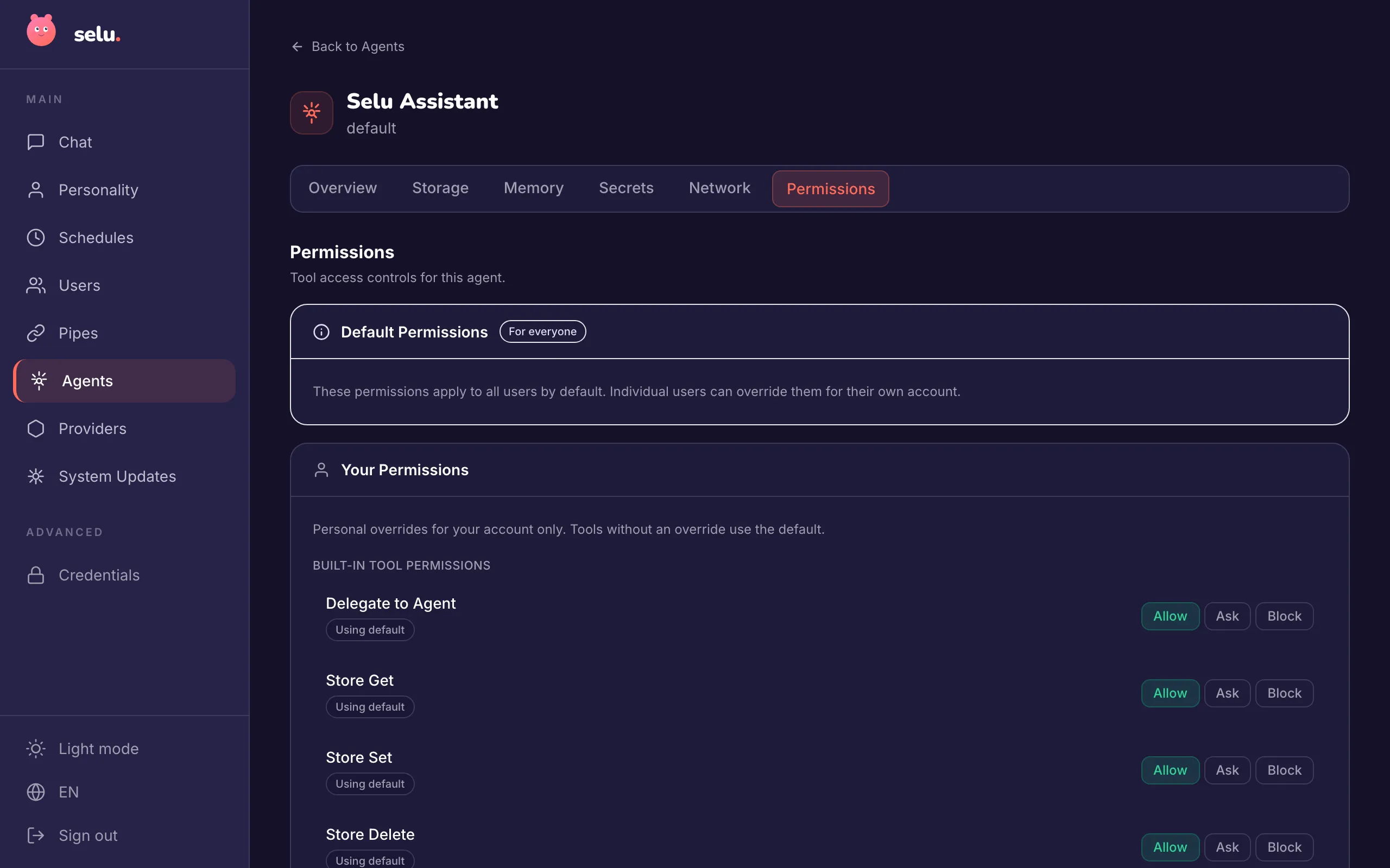 Tool permissions interface showing Allow, Ask, and Block controls