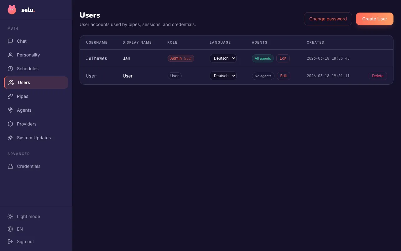 The Users page showing the Change password button in the top right.
