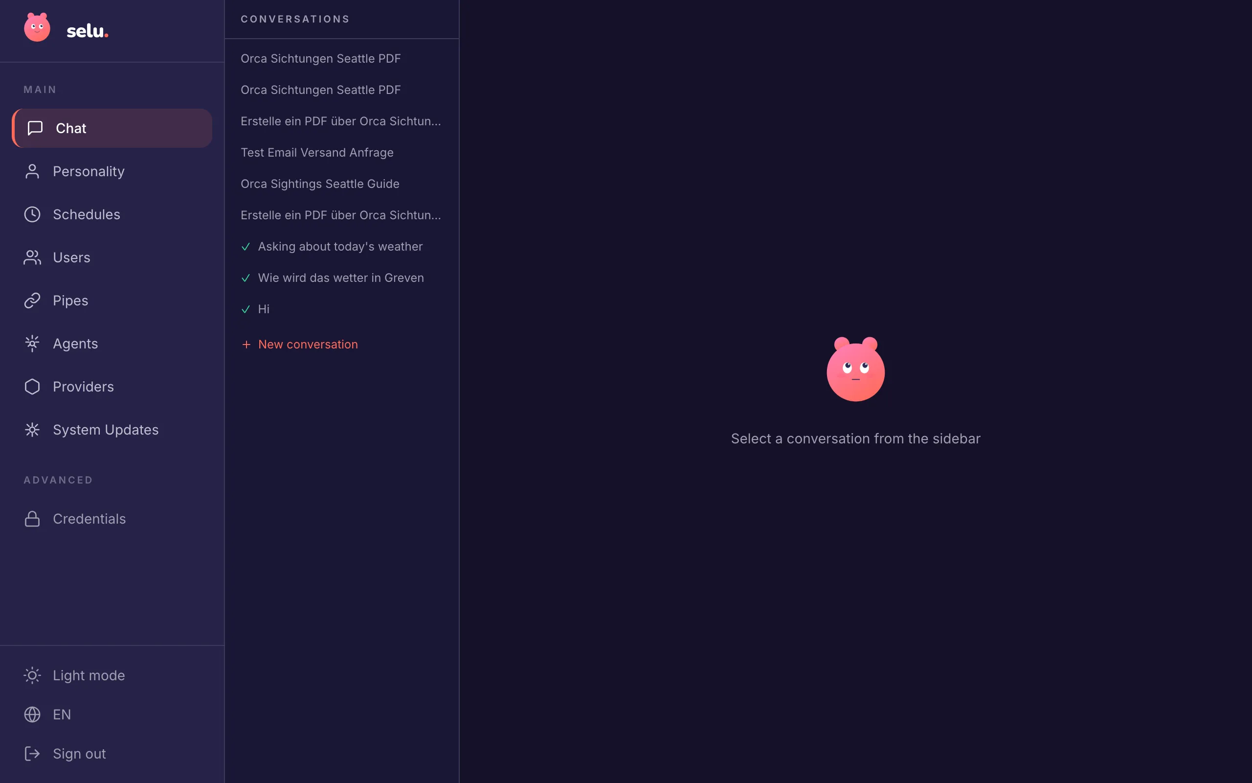 Selu web chat interface with conversation list
