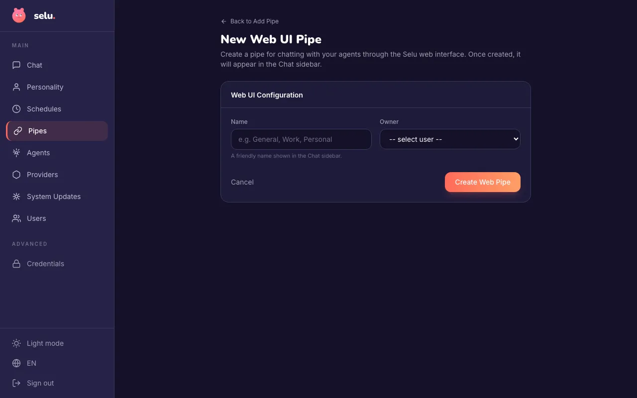 Web UI pipe setup form